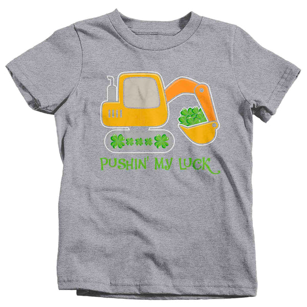 Kids Funny St. Patrick's Pushin My Luck T Shirt Backhoe Truck Clover Lucky 4 Leaf Gift Saint Patricks Irish Cute Boy's Girl's Toddler Tee-Shirts By Sarah