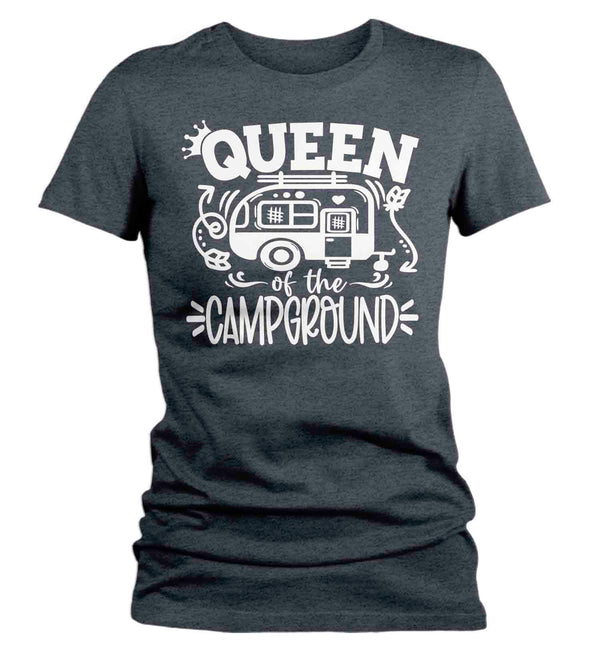 Women's Funny Camping Shirt Queen Of The Campground T Shirt Camper Pull Behind RV Camp 5th Wheel Camping Humor Saying Tee Ladies V-Neck-Shirts By Sarah