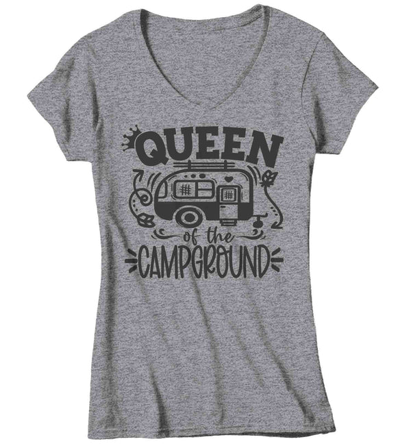 Women's V-Neck Funny Camping Shirt Queen Of The Campground T Shirt Camper Pull Behind RV Camp 5th Wheel Camping Humor Saying Tee Ladies V-Neck-Shirts By Sarah