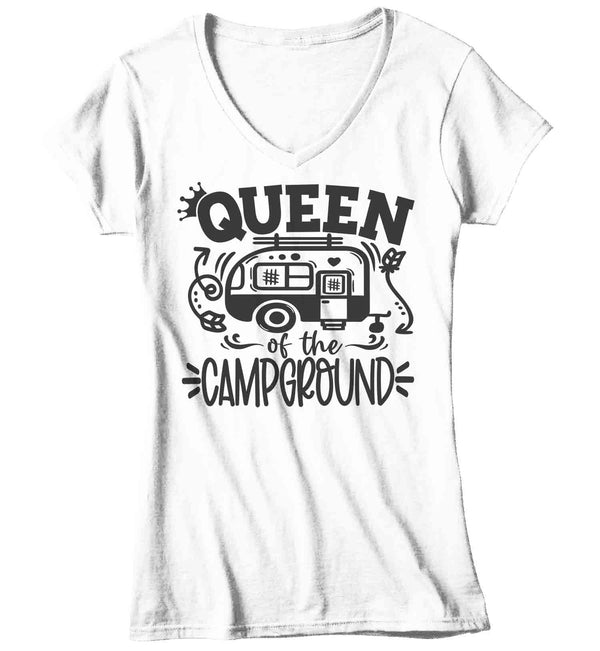 Women's V-Neck Funny Camping Shirt Queen Of The Campground T Shirt Camper Pull Behind RV Camp 5th Wheel Camping Humor Saying Tee Ladies V-Neck-Shirts By Sarah