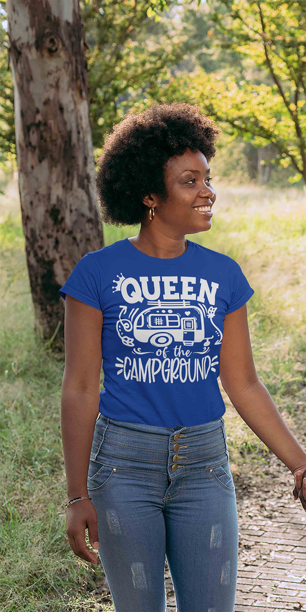 Women's Funny Camping Shirt Queen Of The Campground T Shirt Camper Pull Behind RV Camp 5th Wheel Camping Humor Saying Tee Ladies V-Neck-Shirts By Sarah