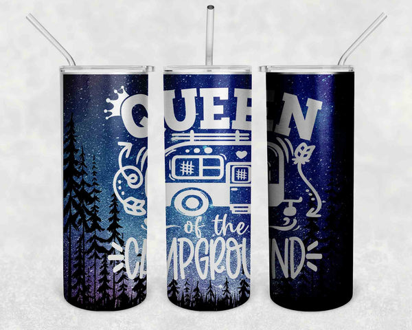 Funny Camping Tumbler Skinny Water Queen Of The Campground Camper RV Pull Behind Stainless Steel Straw Vacuum Insulated Gift Idea-Shirts By Sarah
