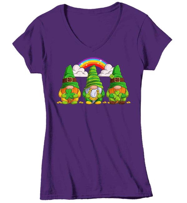 Women's V-Neck Funny St. Patrick's Day Shirt Gnome T Shirt Rainbow Cute Luck Lucky Gift Saint Patricks Irish Green Ladies Woman Graphic Tee-Shirts By Sarah