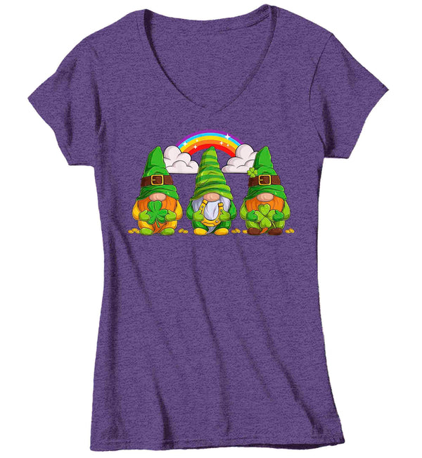 Women's V-Neck Funny St. Patrick's Day Shirt Gnome T Shirt Rainbow Cute Luck Lucky Gift Saint Patricks Irish Green Ladies Woman Graphic Tee-Shirts By Sarah