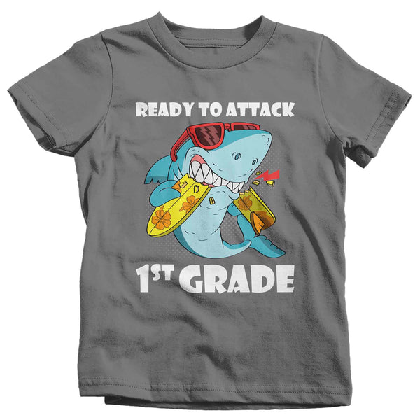 Kids Funny School T Shirt 1st Grade Shirts Ready To Attack First Graphic Tee Aquatic Great White Back To School Tshirt Unisex Boys Girls-Shirts By Sarah