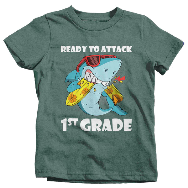 Kids Funny School T Shirt 1st Grade Shirts Ready To Attack First Graphic Tee Aquatic Great White Back To School Tshirt Unisex Boys Girls-Shirts By Sarah