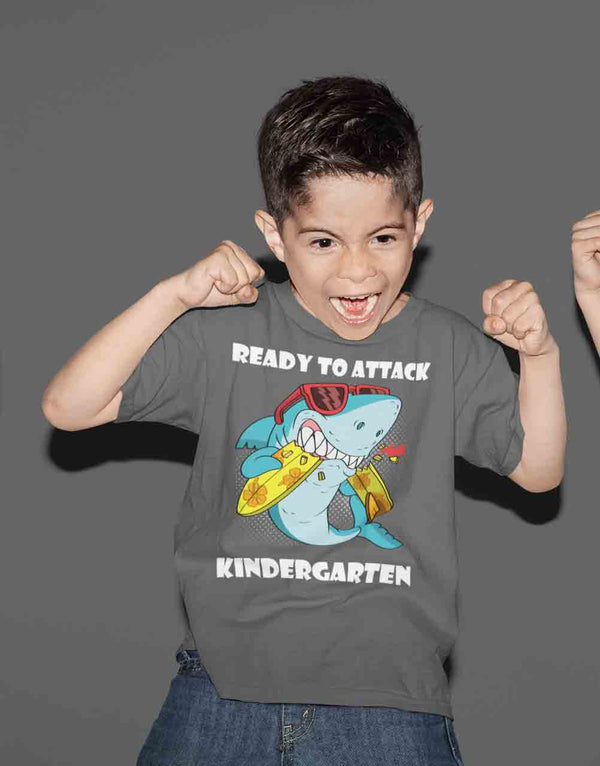 Kids Funny School T Shirt Kindergarten Shirts Ready To Attack K Graphic Tee Aquatic Great White Back To School Tshirt Unisex Boys Girls-Shirts By Sarah