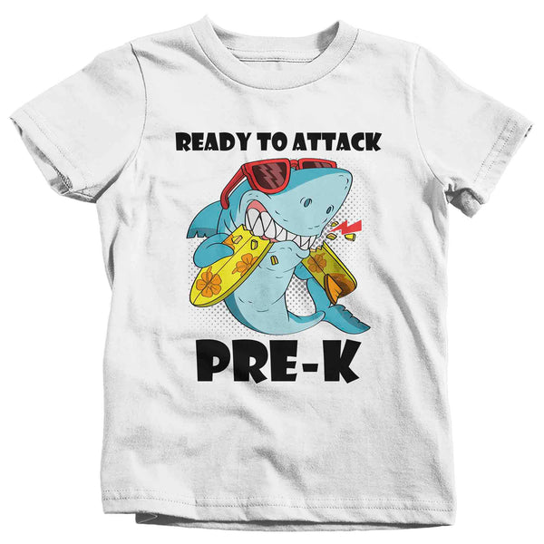 Kids Funny School T Shirt Pre-K Shirts Ready To Attack PreK Graphic Tee Aquatic Great White Back To School Tshirt Unisex Boys Girls-Shirts By Sarah