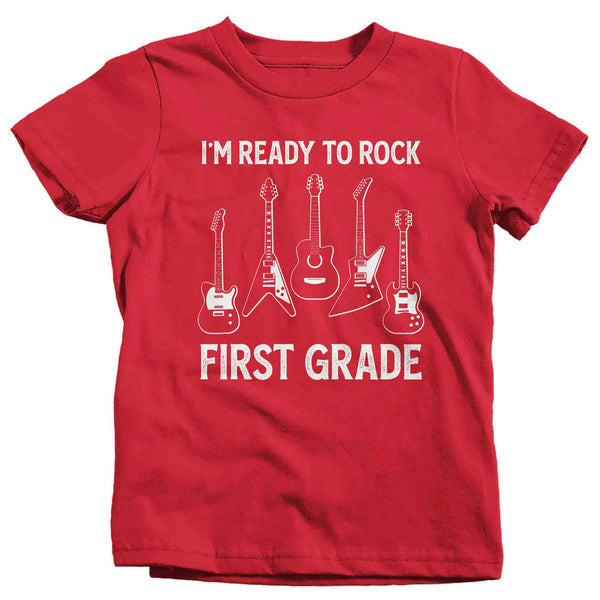 Kids Funny School T Shirt 1st Grade Shirts Ready To Rock First Graphic Tee Electric Guitar Music Back To School Tshirt Unisex Boys Girls-Shirts By Sarah