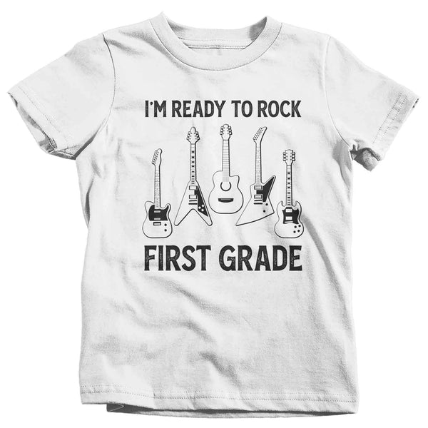 Kids Funny School T Shirt 1st Grade Shirts Ready To Rock First Graphic Tee Electric Guitar Music Back To School Tshirt Unisex Boys Girls-Shirts By Sarah