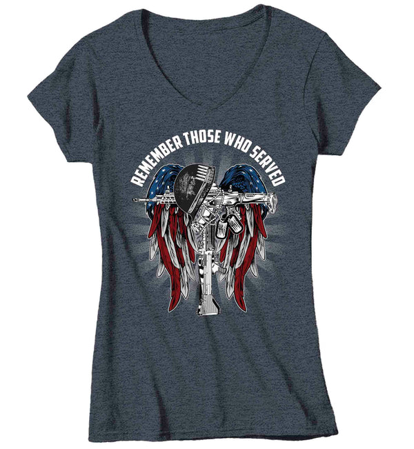 Women's V-Neck Memorial Day T-Shirt Patriotic Remember The Fallen Shirt United States Veteran TShirt Soldier Honor Flag Ladies Woman Tee-Shirts By Sarah