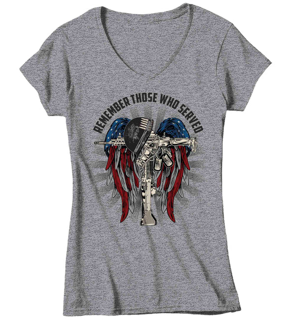 Women's V-Neck Memorial Day T-Shirt Patriotic Remember The Fallen Shirt United States Veteran TShirt Soldier Honor Flag Ladies Woman Tee-Shirts By Sarah