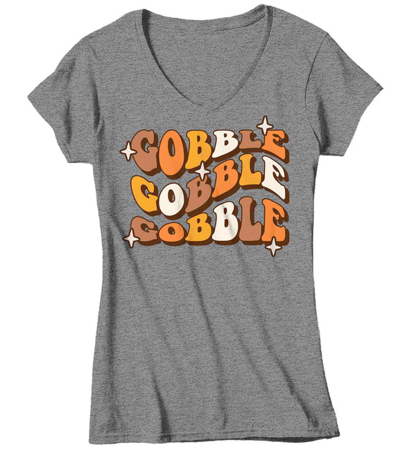 Women's V-Neck Thanksgiving Shirt Retro T-Shirt Gobble Gobble Tee Vintage Turkey Day Matching Festive Holiday Funny Graphic Tshirt Ladies-Shirts By Sarah
