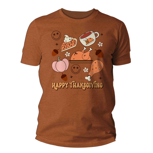 Men's Cute Retro Thanksgiving T Shirt Happy Turkey Day Shirts Leaves Flowers Icons Vintage Groovy Graphic Tee Unisex Man-Shirts By Sarah