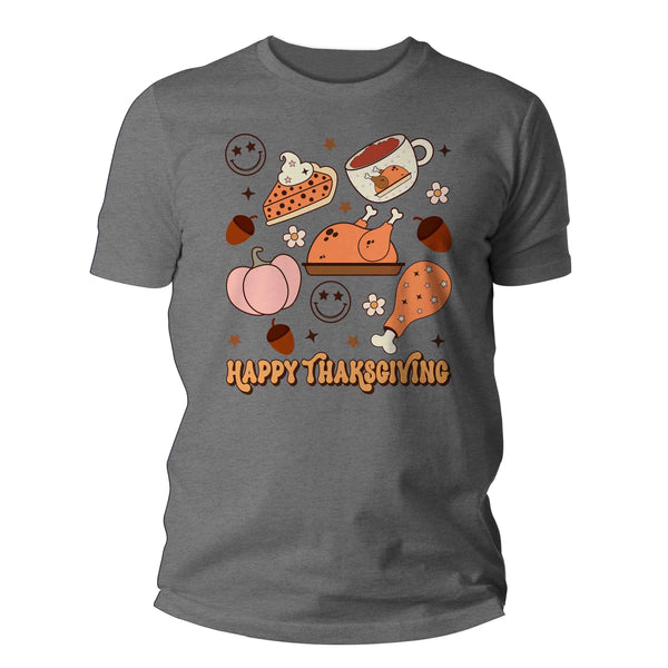 Men's Cute Retro Thanksgiving T Shirt Happy Turkey Day Shirts Leaves Flowers Icons Vintage Groovy Graphic Tee Unisex Man-Shirts By Sarah