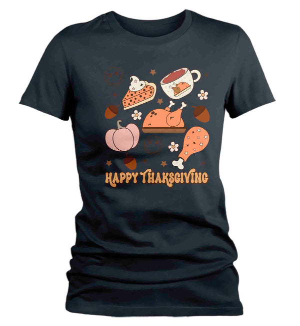 Women's Cute Retro Thanksgiving T Shirt Happy Turkey Day Shirts Leaves Flowers Icons Vintage Groovy Graphic Tee Ladies-Shirts By Sarah