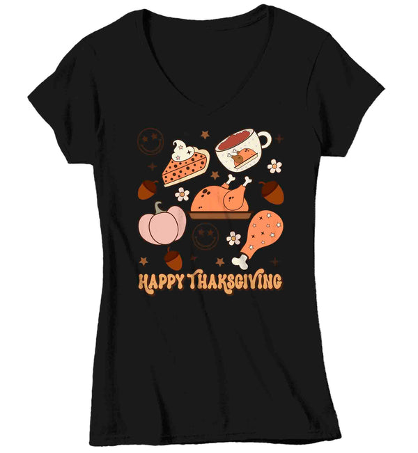 Women's V-Neck Cute Retro Thanksgiving T Shirt Happy Turkey Day Shirts Leaves Flowers Icons Vintage Groovy Graphic Tee Ladies-Shirts By Sarah