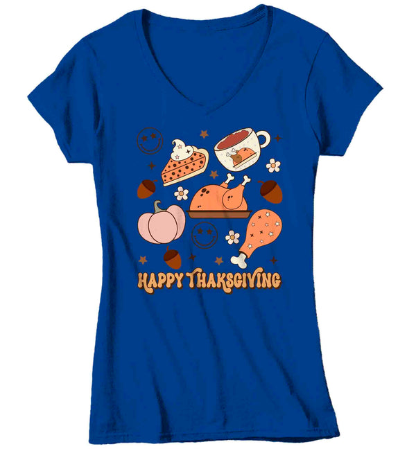 Women's V-Neck Cute Retro Thanksgiving T Shirt Happy Turkey Day Shirts Leaves Flowers Icons Vintage Groovy Graphic Tee Ladies-Shirts By Sarah
