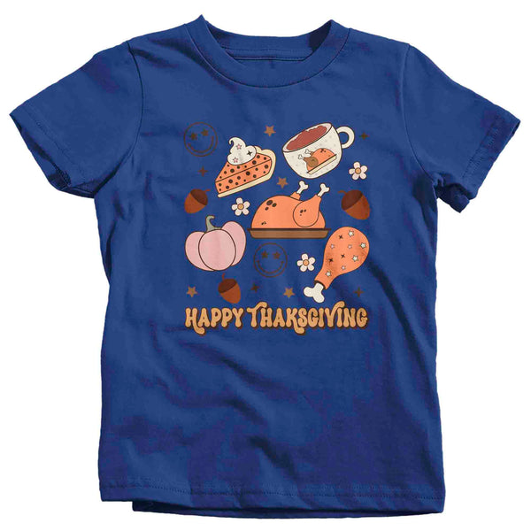Kids Cute Retro Thanksgiving T Shirt Happy Turkey Day Shirts Leaves Flowers Icons Vintage Groovy Graphic Tee Unisex Youth-Shirts By Sarah