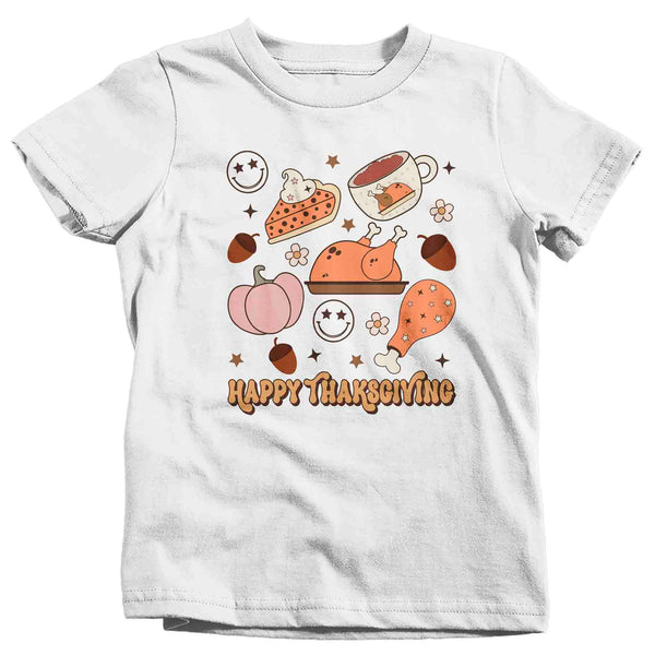 Kids Cute Retro Thanksgiving T Shirt Happy Turkey Day Shirts Leaves Flowers Icons Vintage Groovy Graphic Tee Unisex Youth-Shirts By Sarah