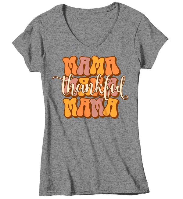 Women's V-Neck Funny Thanksgiving T-Shirt Thankful Mama Retro Vibes Shirt Thanks Giving Tee Vintage Festive Holiday Graphic Tshirt Ladies-Shirts By Sarah