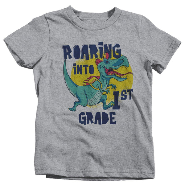 Kids 1st Grade T Shirt Dinosaur School Shirt Boy's Girl's Roaring Into T Rex K First Grade TShirt-Shirts By Sarah