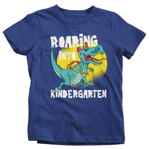 Kids Kindergarten T Shirt Dinosaur School Shirt Boy's Girl's Roaring Into T Rex K Kindergarten TShirt-Shirts By Sarah