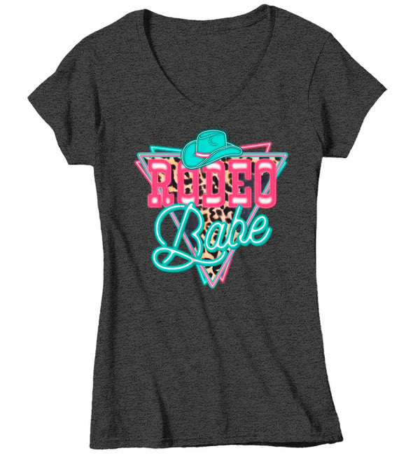 Women's V-Neck Rodeo Babe Shirt Neon Lights TShirt Cowgirl Leopard Animal Print Rodeo Gift Cowboy Gift Ladies Soft Graphic Tee-Shirts By Sarah