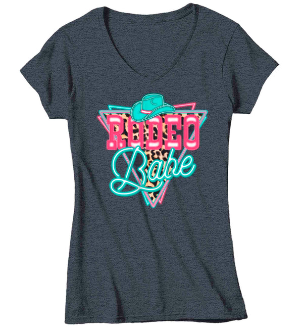 Women's V-Neck Rodeo Babe Shirt Neon Lights TShirt Cowgirl Leopard Animal Print Rodeo Gift Cowboy Gift Ladies Soft Graphic Tee-Shirts By Sarah