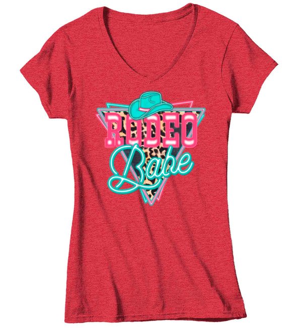 Women's V-Neck Rodeo Babe Shirt Neon Lights TShirt Cowgirl Leopard Animal Print Rodeo Gift Cowboy Gift Ladies Soft Graphic Tee-Shirts By Sarah