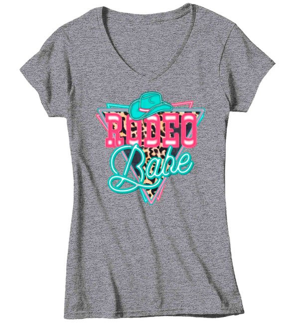 Women's V-Neck Rodeo Babe Shirt Neon Lights TShirt Cowgirl Leopard Animal Print Rodeo Gift Cowboy Gift Ladies Soft Graphic Tee-Shirts By Sarah