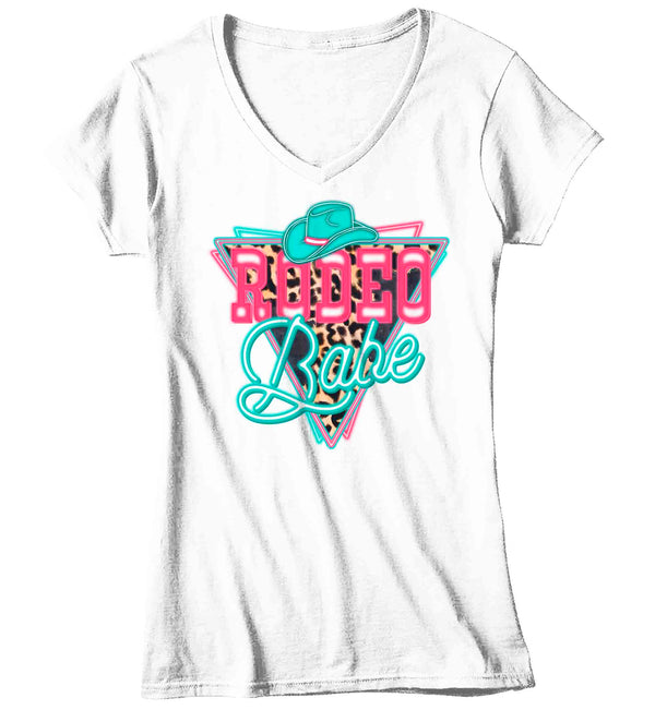 Women's V-Neck Rodeo Babe Shirt Neon Lights TShirt Cowgirl Leopard Animal Print Rodeo Gift Cowboy Gift Ladies Soft Graphic Tee-Shirts By Sarah