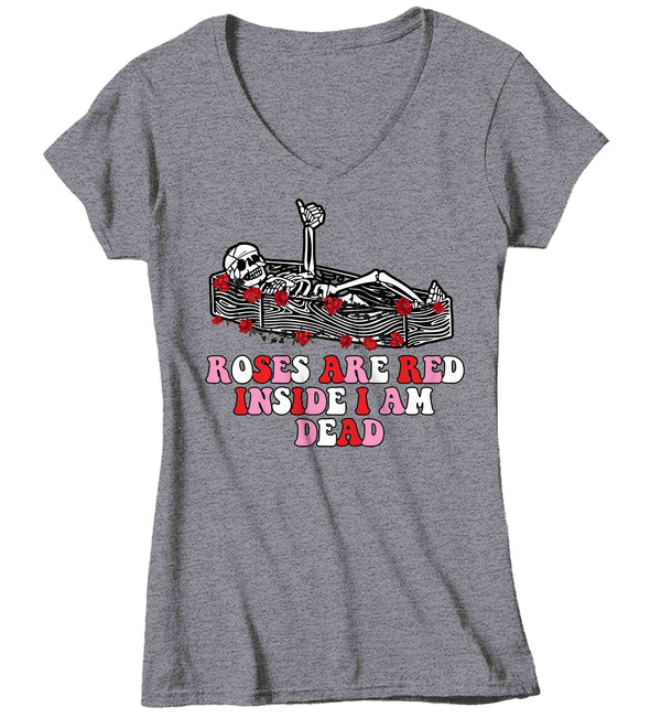 Women's V-Neck Valentine's Day T Shirt Grunge Shirt Inside I'm Dead Tee Skeleton TShirt Roses Red Ladies Graphic Pastel Grunge Clothing Top-Shirts By Sarah