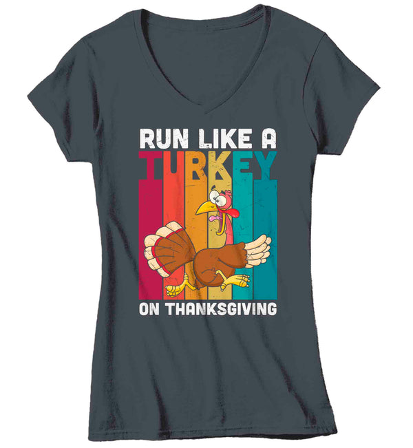 Women's V-Neck Funny Thanksgiving TShirt Run Like A Turkey Shirts Trot Run Race Marathon T Shirt Holiday Tee Ladies Soft 5K Graphic T-Shirt-Shirts By Sarah