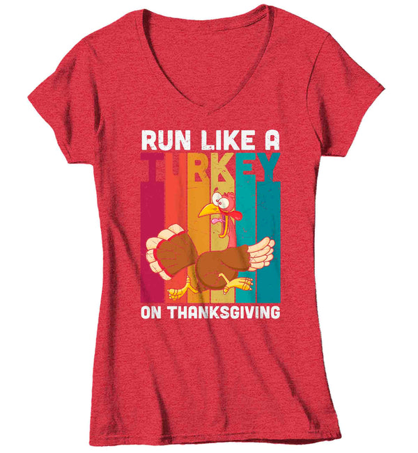Women's V-Neck Funny Thanksgiving TShirt Run Like A Turkey Shirts Trot Run Race Marathon T Shirt Holiday Tee Ladies Soft 5K Graphic T-Shirt-Shirts By Sarah