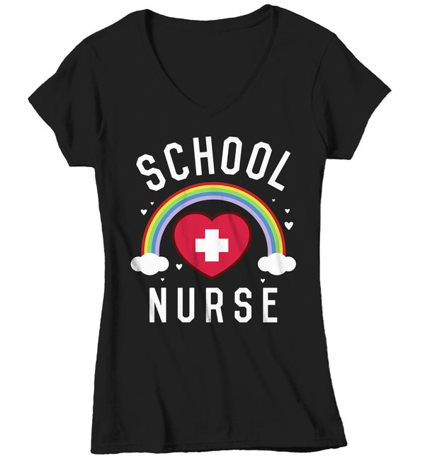 Women's V-Neck Cute School Nurse T Shirt School Nurse Shirt Rainbow Shirt Nurse Gift Idea School Nurse Gift-Shirts By Sarah