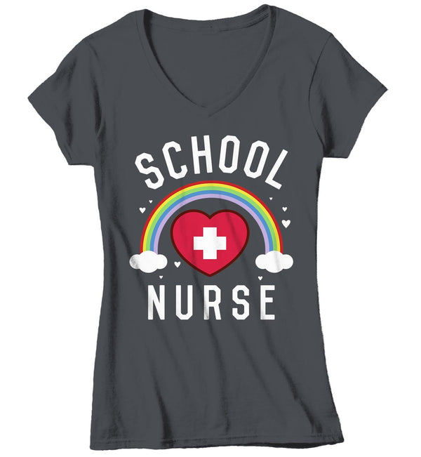 Women's V-Neck Cute School Nurse T Shirt School Nurse Shirt Rainbow Shirt Nurse Gift Idea School Nurse Gift-Shirts By Sarah