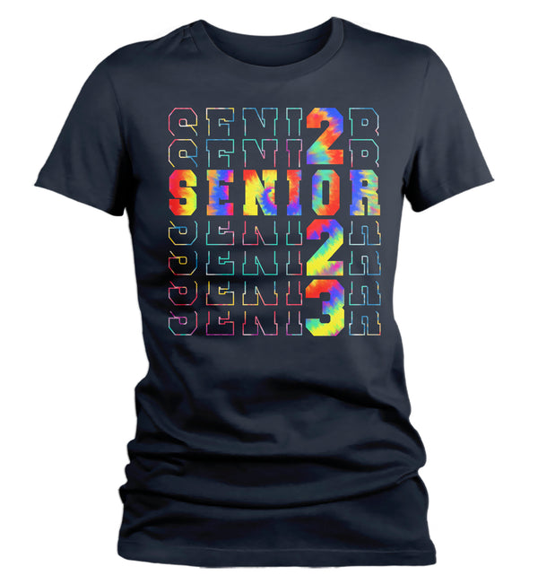 Women's Senior Class Shirt 2023 Graduation Graduate Grad Tee Tie Dye High School College Collegiate Stacked Font Typography Tshirt Ladies-Shirts By Sarah