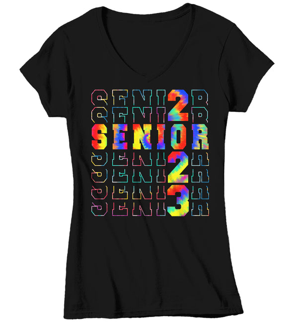 Women's V-Neck Senior Class Shirt 2023 Graduation Graduate Grad Tee Tie Dye High School College Collegiate Stacked Font Typography Tshirt Ladies-Shirts By Sarah