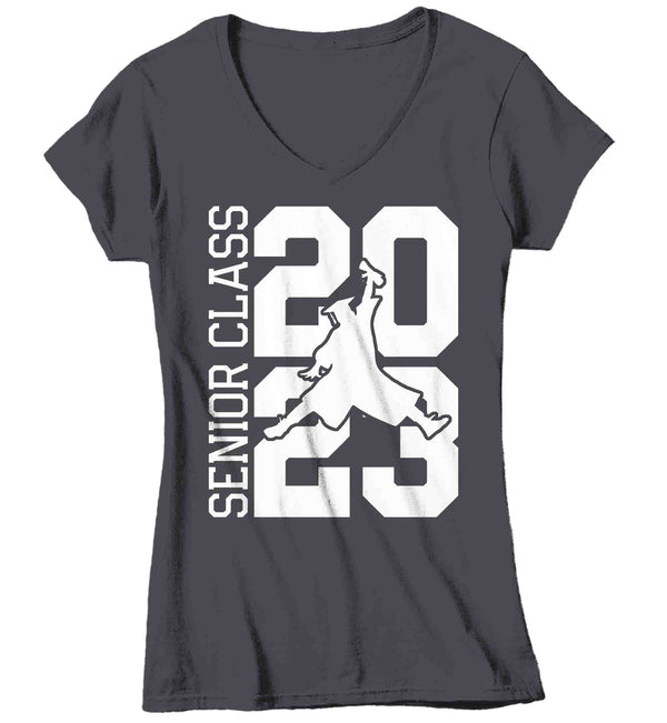 Women's V-Neck Retro Senior 2023 Shirt Jumping Grad 23 Graduation Graduate Grad Tee High School Class College Collegiate Gift Tshirt Ladies-Shirts By Sarah