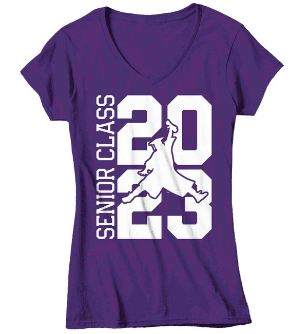 Women's V-Neck Retro Senior 2023 Shirt Jumping Grad 23 Graduation Graduate Grad Tee High School Class College Collegiate Gift Tshirt Ladies-Shirts By Sarah