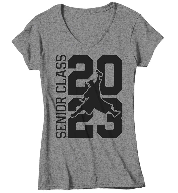 Women's V-Neck Retro Senior 2023 Shirt Jumping Grad 23 Graduation Graduate Grad Tee High School Class College Collegiate Gift Tshirt Ladies-Shirts By Sarah