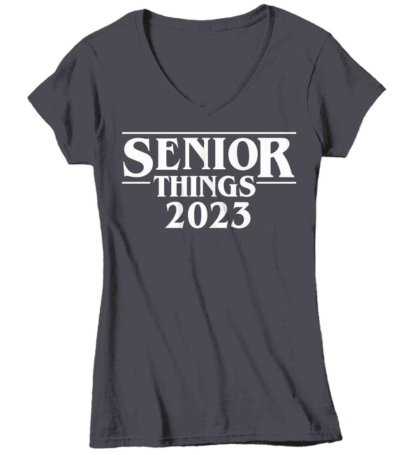 Women's V-Neck Funny Senior 2023 Shirt Senior Things Graduation Graduate Grad Tee Class High School College Collegiate Gift Tshirt Ladies-Shirts By Sarah