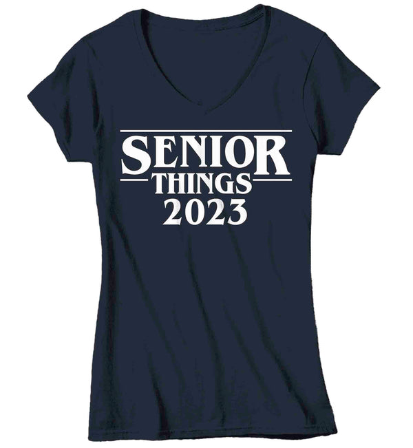 Women's V-Neck Funny Senior 2023 Shirt Senior Things Graduation Graduate Grad Tee Class High School College Collegiate Gift Tshirt Ladies-Shirts By Sarah