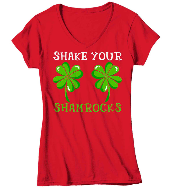 Women's V-Neck Funny St. Patrick's Day Shirt Shake Your Shamrocks T Shirt Clover Lucky 4 Leaf Gift Saint Patricks Irish Green Ladies Woman Tee-Shirts By Sarah