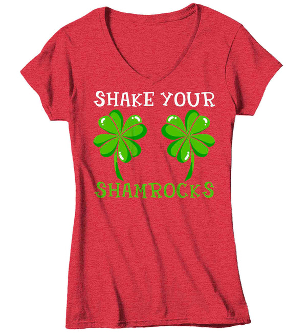 Women's V-Neck Funny St. Patrick's Day Shirt Shake Your Shamrocks T Shirt Clover Lucky 4 Leaf Gift Saint Patricks Irish Green Ladies Woman Tee-Shirts By Sarah