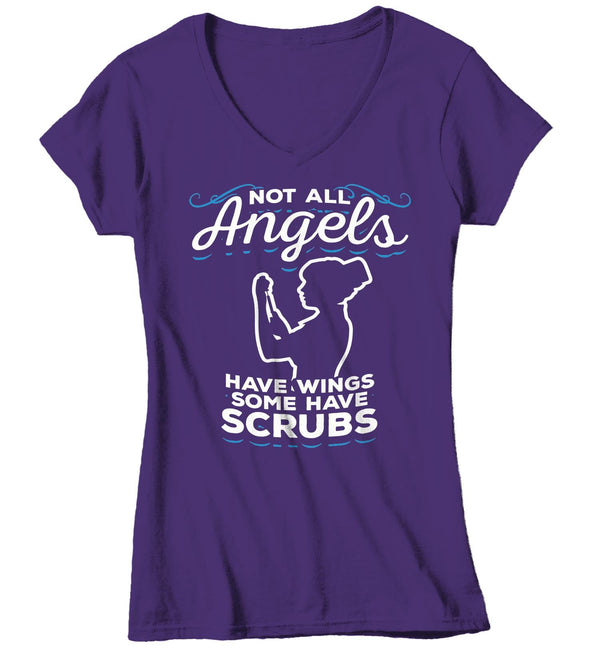 Women's V-Neck Nurse T Shirt Some Angels Wear Scrubs Shirt Nurse Angel Shirt Nurse Gift Idea Nursing Shirts-Shirts By Sarah