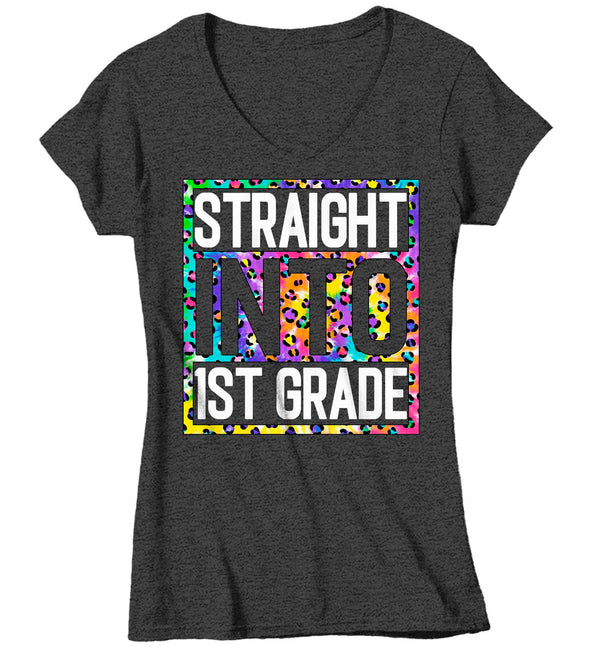 Women's V-Neck First Grade Teacher Shirt Colorful Leopard Straight Into 1st GradeT Shirt Cute Back To School Shirt Teacher Gift TShirts of 00 Women's V-NeckCopy-Shirts By Sarah