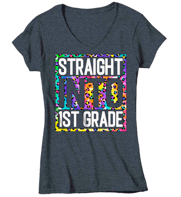 Women's V-Neck First Grade Teacher Shirt Colorful Leopard Straight Into 1st GradeT Shirt Cute Back To School Shirt Teacher Gift TShirts of 00 Women's V-NeckCopy-Shirts By Sarah