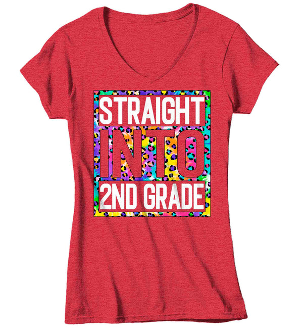 Women's V-Neck Second Grade Teacher Shirt Colorful Leopard Straight Into 2nd Grade T Shirt Cute Back To School Shirt Teacher Gift TShirts-Shirts By Sarah